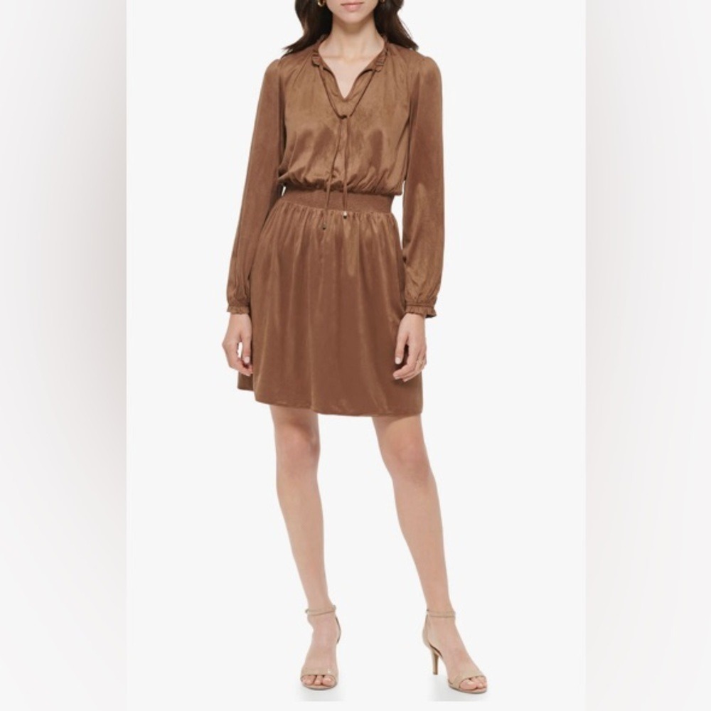 Tommy Hilfiger Women's 10 Faux Suede Dress Walnut Brown Ruffle Tie NEW